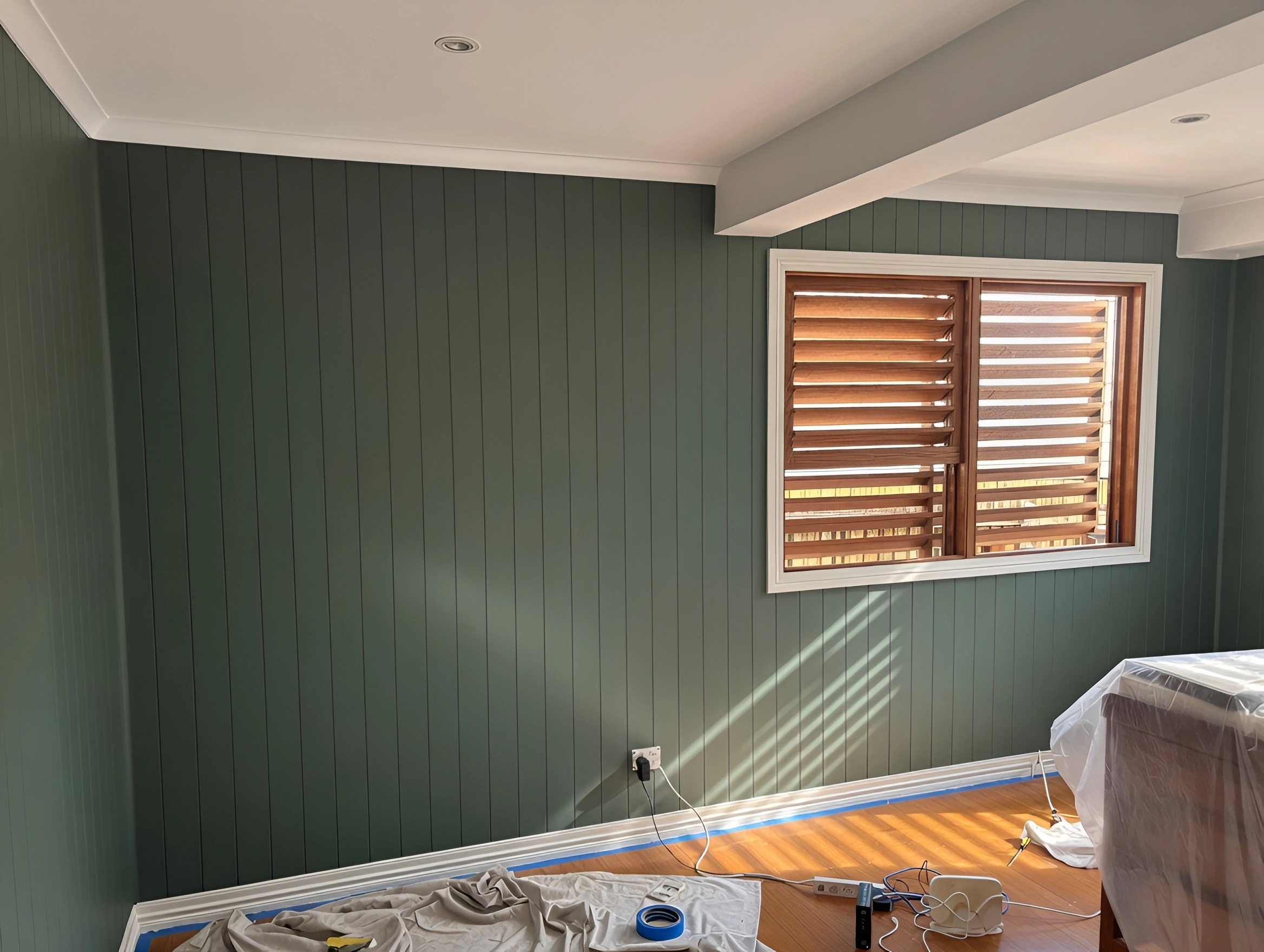 Bedroom feature wall painting Napier deep forest green v-groove