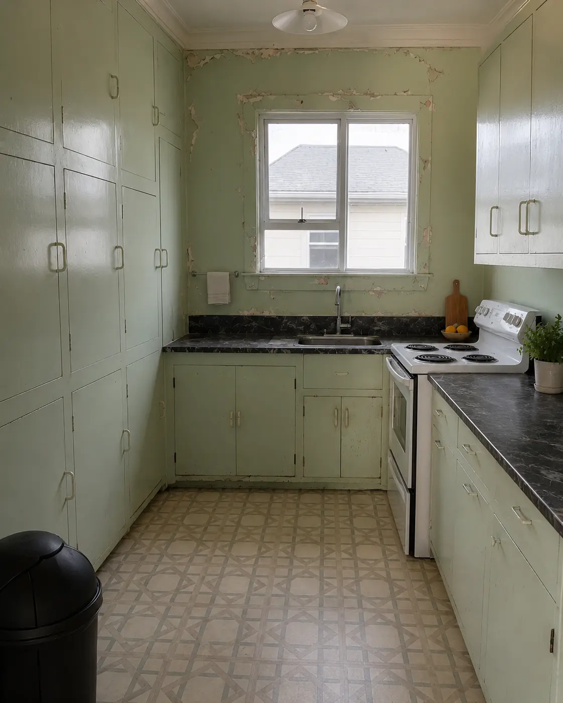 Before kitchen cabinet painting in Hawke's Bay — dated kitchen cupboards before PaintMate cabinet respray